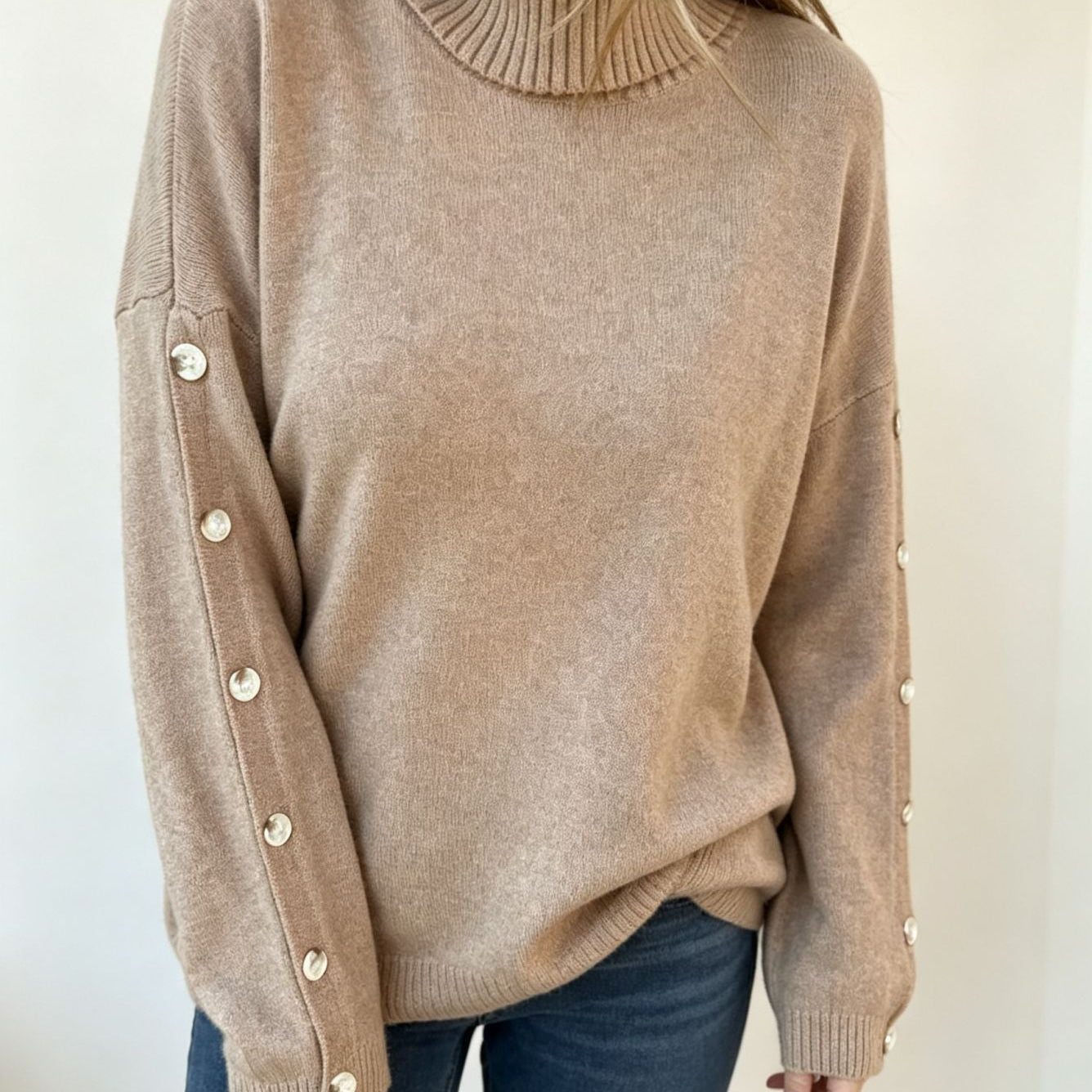 Oversized Turtleneck Sweater with Button Sleeve and Ribbed Trim