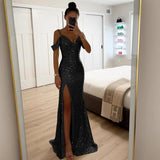 Sequin Mermaid Maxi Dress with Off-Shoulder Straps and Thigh Slit