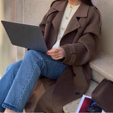 Women's Long Coat Double Breasted Belted Trench Style Overcoat with Wide Lapel Collar for Winter