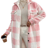 Long Plaid Sherpa Coat with Button-Front and Flap Pockets