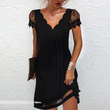 Lace Sleeve Shift Mini Dress with V-Neck