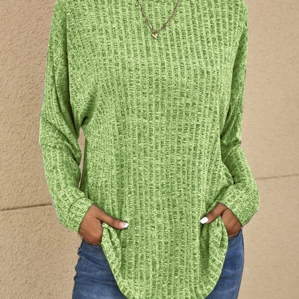 Textured Knit Crew Neck Sweater with Curved Hem
