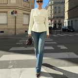 Belted Button-Front Blazer with Round Neck and Flap Pockets
