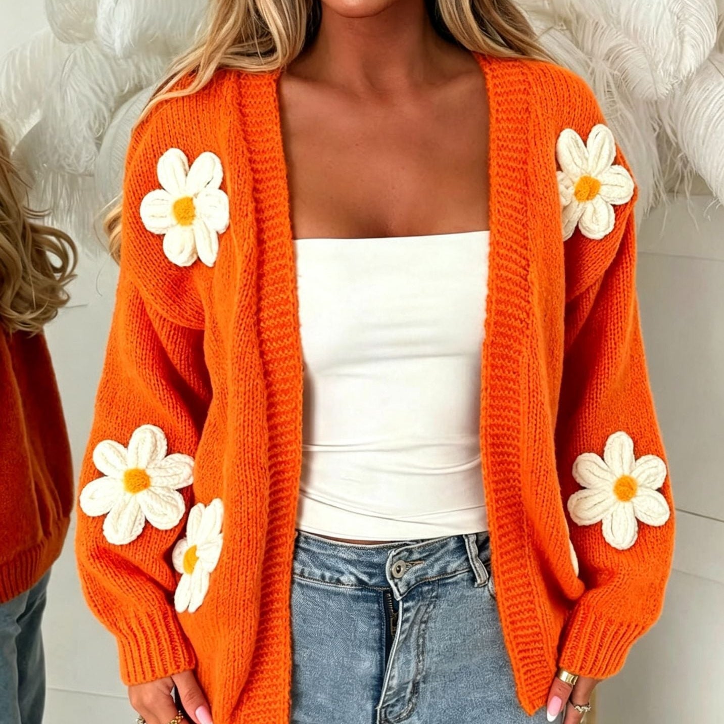 Open-Front Cardigan with Floral Applique and Long Sleeves