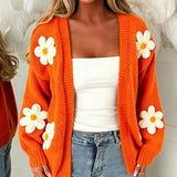 Open-Front Cardigan with Floral Applique and Long Sleeves