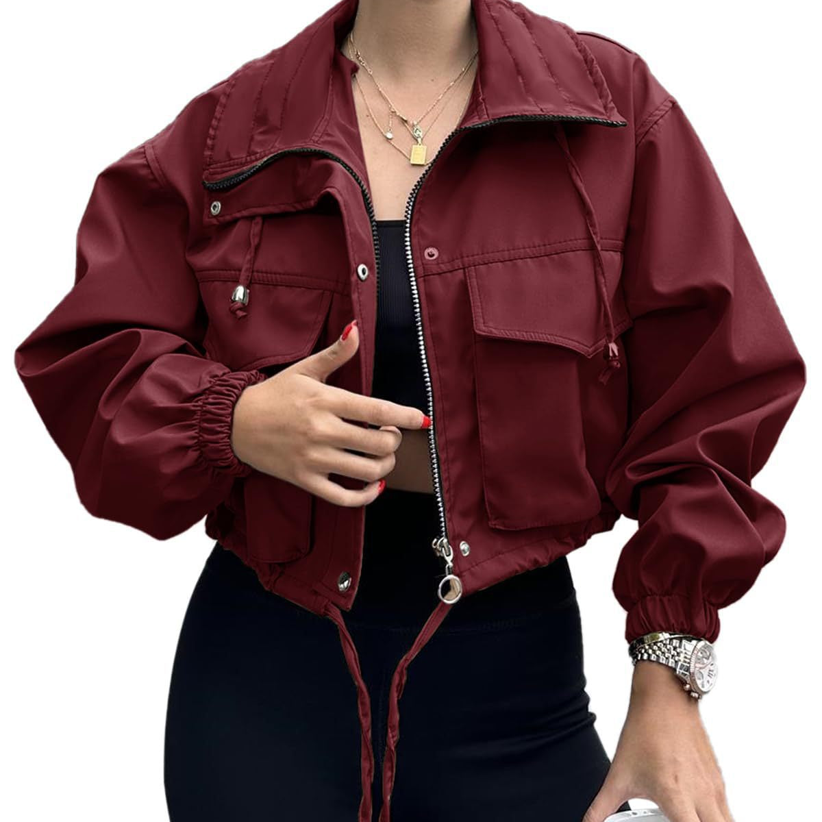 Cropped Zip-Front Utility Jacket with Drawstring and Flap Pockets