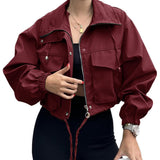 Cropped Zip-Front Utility Jacket with Drawstring and Flap Pockets