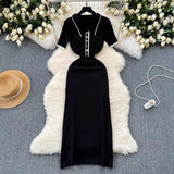 Ribbed Knit Polo Midi Dress with Contrast Trim