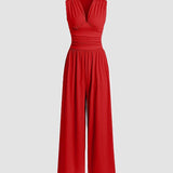 Wide-Leg Jumpsuit with V-Neck and Ruched Waist
