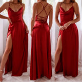 Satin A-Line Maxi Dress with Cowl Neck and Thigh Slit