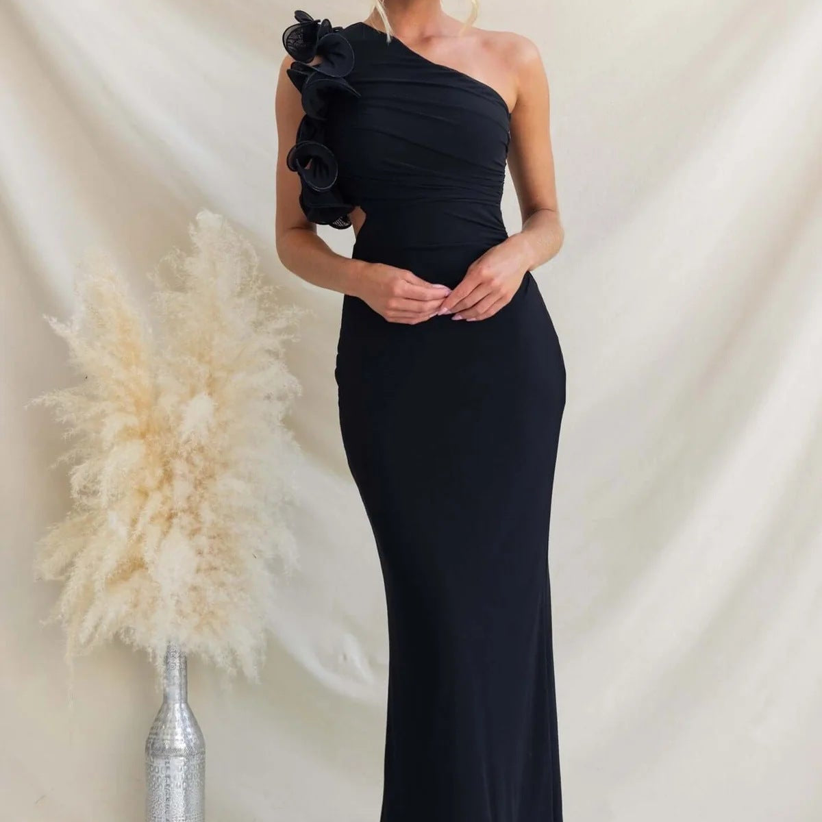 One-Shoulder Ruffle Maxi Dress with Cut-Out Waist