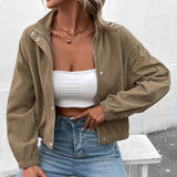 Cropped Snap-Button Jacket with Stand Collar and Long Sleeves
