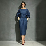 Puff Sleeve Midi Dress with Boat Neck and High Waist