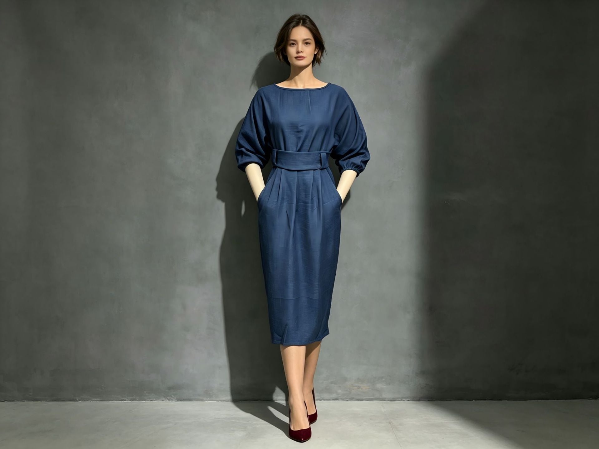 Puff Sleeve Midi Dress with Boat Neck and High Waist