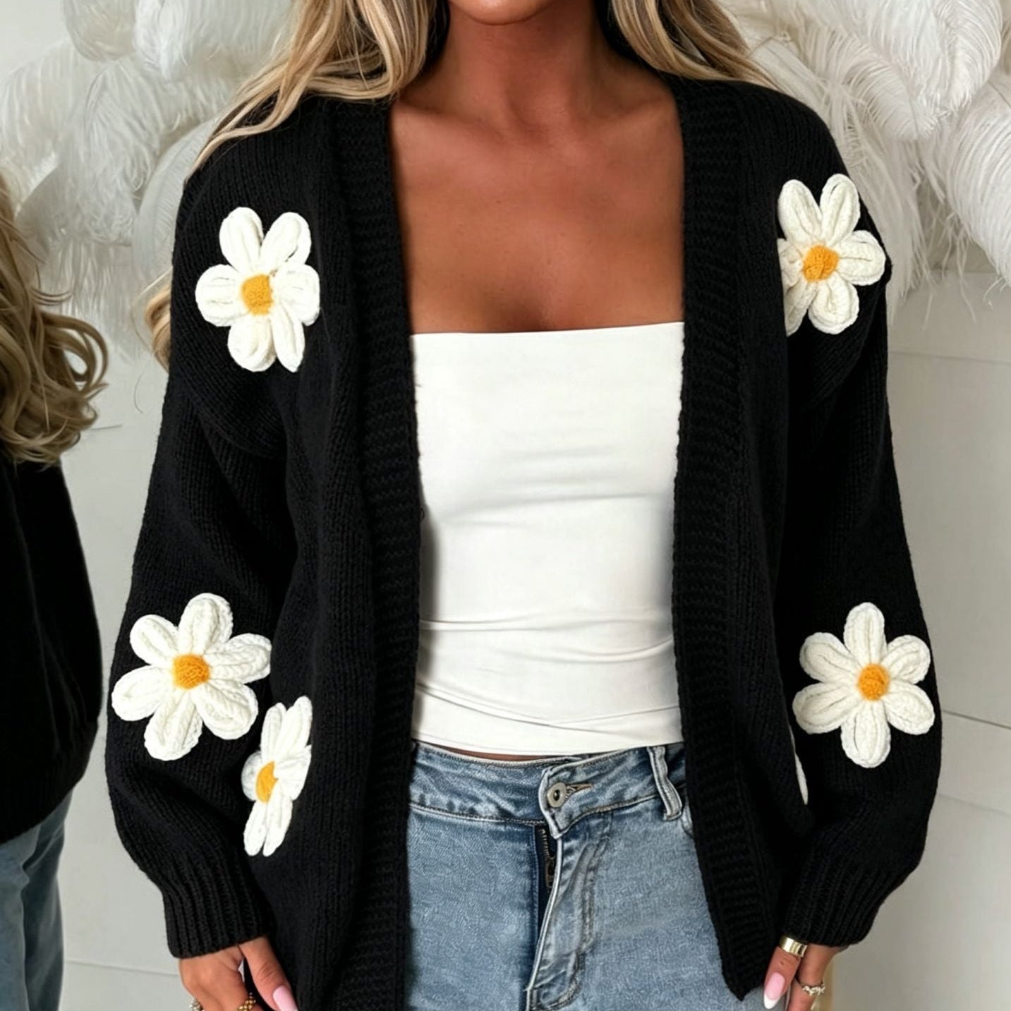 Open-Front Cardigan with Floral Applique and Long Sleeves