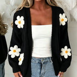 Open-Front Cardigan with Floral Applique and Long Sleeves