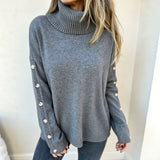 Oversized Turtleneck Sweater with Button Sleeve and Ribbed Trim