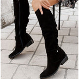 Women's Knee High Boots with Slouchy Shaft and Buckle Strap Detail with Low Block Heel and Side Zipper