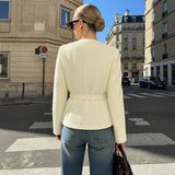 Belted Button-Front Blazer with Round Neck and Flap Pockets