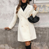 Double-Breasted A-Line Coat with Lapel Collar and Knee Length