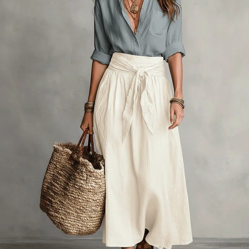 Button-Front Shirt and Maxi Skirt Set with Tie Waist