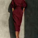 Puff Sleeve Midi Dress with Boat Neck and High Waist