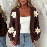 Open-Front Cardigan with Floral Applique and Long Sleeves