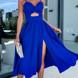 Cutout A-Line Midi Dress with Twist Front and Thigh Slit