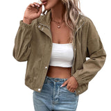 Cropped Snap-Button Jacket with Stand Collar and Long Sleeves