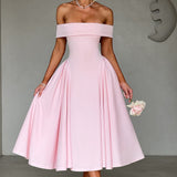 Off-Shoulder A-Line Pleated Midi Dress