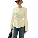 Belted Button-Front Blazer with Round Neck and Flap Pockets