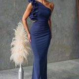 One-Shoulder Ruffle Maxi Dress with Cut-Out Waist