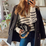 Striped Half-Zip Ribbed Knit Sweater with Stand Collar