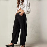 Women's Wide Leg Jeans with High Waist Barrel Leg Design and Cropped Length