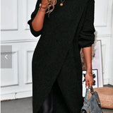 Women's Long Sweater Midi Dress with Asymmetric Overlap Front and Three Quarter Sleeves