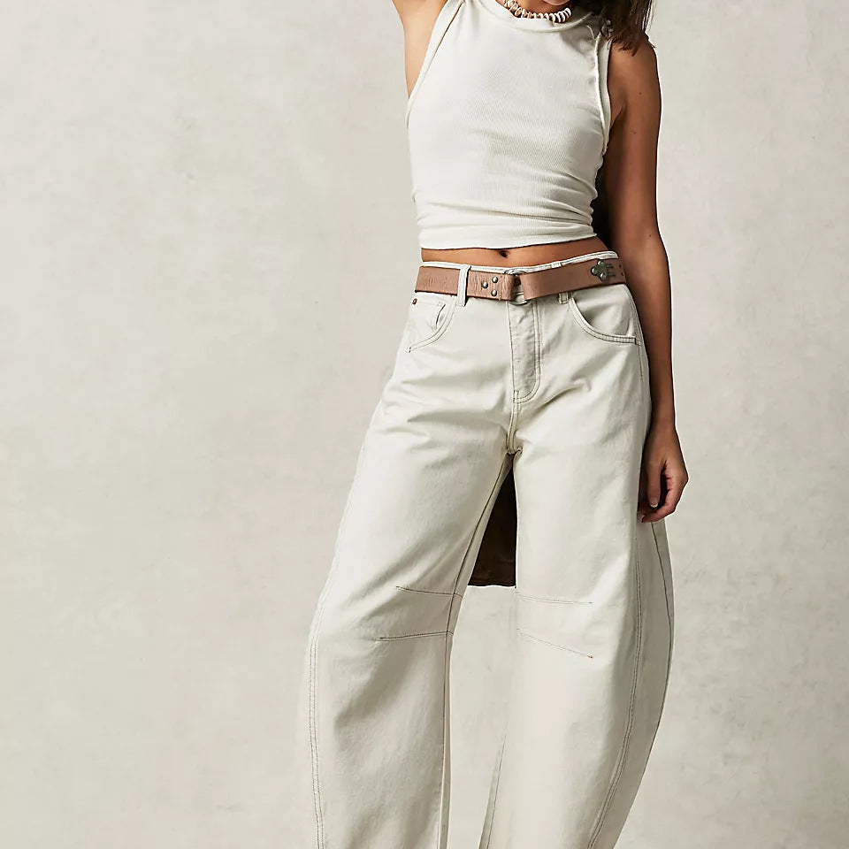 Women's Wide Leg Jeans with High Waist Barrel Leg Design and Cropped Length