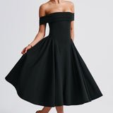 Off-Shoulder A-Line Pleated Midi Dress