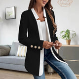 Long Open-Front Blazer with Contrast Trim and Button Cuffs