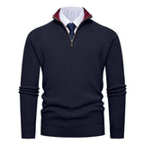 Quarter-Zip Ribbed Sweater with Stand Collar and Contrast Trim