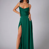 Satin A-Line Maxi Dress with Cowl Neck and Thigh Slit