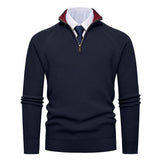 Quarter-Zip Ribbed Sweater with Stand Collar and Contrast Trim