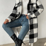 Long Plaid Sherpa Coat with Button-Front and Flap Pockets
