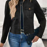 Cropped Suede Jacket with Zip-Front and Flap Pockets