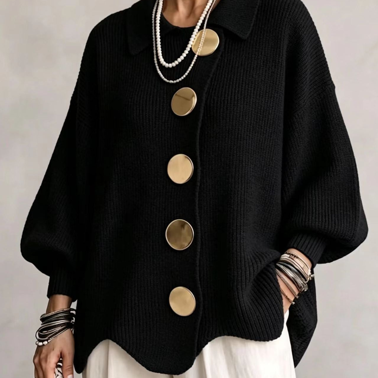 Oversized Button-Front Cardigan with Collar and Balloon Sleeves