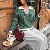 Collared V-Neck Knit Sweater with Contrast Trim