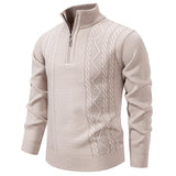 Quarter-Zip Cable Knit Sweater with Stand Collar and Ribbed Trim