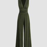 Wide-Leg Jumpsuit with V-Neck and Ruched Waist