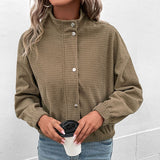 Cropped Snap-Button Jacket with Stand Collar and Long Sleeves