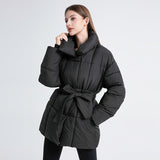 Belted Quilted Puffer Coat with High Collar and Side Pockets