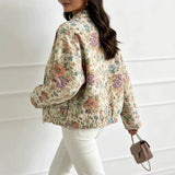 Floral Jacquard Bomber Jacket with Button-Front and Stand Collar